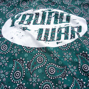 Paisley Crewneck YOUNG WAR Luxury Fashion Top Green with drawstrings Back View Large Print Logo Close up